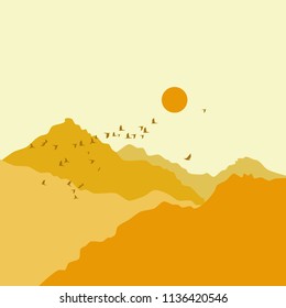 Mountain landscape, sunset in mountains, birds flying in mountains