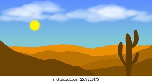 Mountain landscape at sunset. Mountains, setting sun and silhouettes of cacti