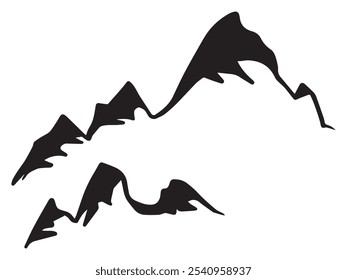 Mountain landscape at sunset. Mountains silhouettes. Vector mountain hiking background. Collection of different mountain icons in flat style. Mountain range landscape. Rocks, mountains and hills set