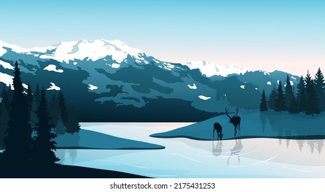 Mountain landscape. Sunset on the river bank. The peaks of the mountains are covered with snow in the background. Dark silhouettes of deer on the meadow near the lake. Wildlife observation, hiking.