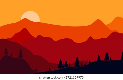 Mountain landscape at sunset with pine forest. Minimalist flat vector nature background for travel posters, desktop wallpapers, and outdoor adventure themes