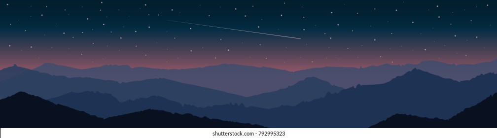 Mountain landscape at sunset with starry sky and comet (falling star). Panorama. Vector illustration.