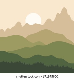 Mountain landscape sunset - vector background illustration. Hills and mountains layers.
