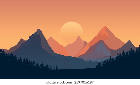 Mountain Landscape At Sunset Vector Graphic