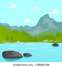 Mountain landscape surrounded by river vector illustration. 