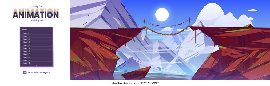 Mountain landscape with suspension bridge between cliffs. Vector parallax background ready for 2d animation with cartoon illustration of white rocks and wooden rope bridge over precipice