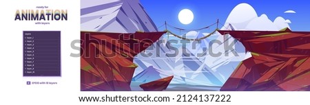 Mountain landscape with suspension bridge between cliffs. Vector parallax background ready for 2d animation with cartoon illustration of white rocks and wooden rope bridge over precipice