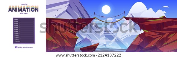 Mountain landscape with suspension bridge\
between cliffs. Vector parallax background ready for 2d animation\
with cartoon illustration of white rocks and wooden rope bridge\
over precipice