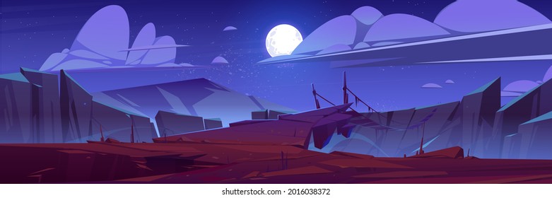 Mountain landscape with suspension bridge at night