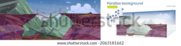 Mountain landscape with suspension bridge over\
precipice in rainy weather. Vector parallax background for 2d\
animation with cartoon illustration of rocks and wooden rope bridge\
in rain