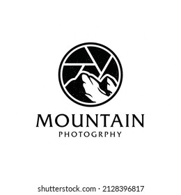 Mountain Landscape with Symbol Lens for Outdoor Nature Photography Adventure Photographer Logo Design