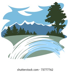 Mountain landscape with tall pines in the foreground