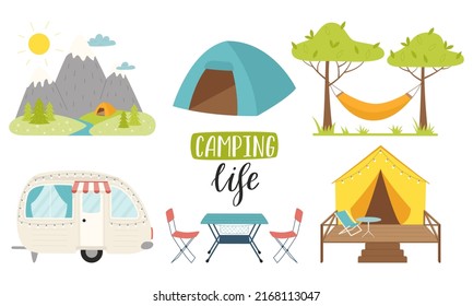 Mountain landscape with tent, camping trailer, hammock, tent, furniture. Hand lettering - Camping life. Hiking, glamping, traveling, recreation on nature. Flat color vector illustration on white.