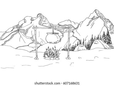 Mountain landscape. Tents and a bonfire on the background of the forest and mountains. Vector illustration of a sketch style.