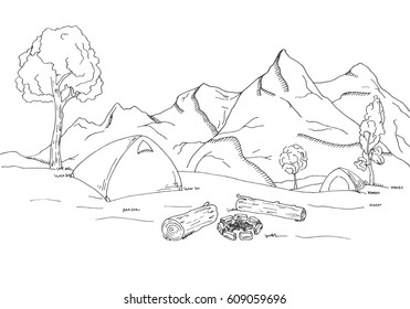 Mountain landscape. Tents and a bonfire on the background of the forest and mountains. Vector illustration of a sketch style.