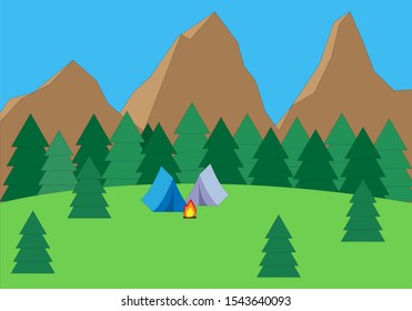 Mountain landscape with tents in spring.