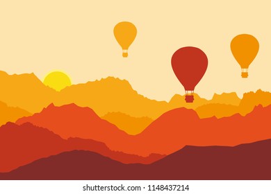 Mountain Landscape with Three Hot Air Balloons During Sunset Vector