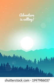 Mountain landscape. Tourist flyer,  background, booklet. Adventure, hiking, camping, vacation. Abstract landscape, Vector banner with polygonal landscape illustration, Minimalist style, Flat design