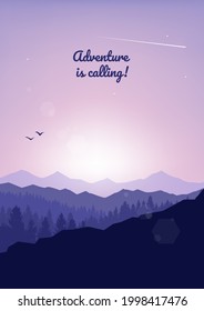Mountain landscape. Tourist flyer,  background, booklet. Adventure, hiking, camping, vacation. Abstract landscape, Vector banner with polygonal landscape illustration, Minimalist style, Flat design
