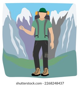 Mountain landscape with a tourist in the rocks. Vector cartoon of tourist with backpack and compass