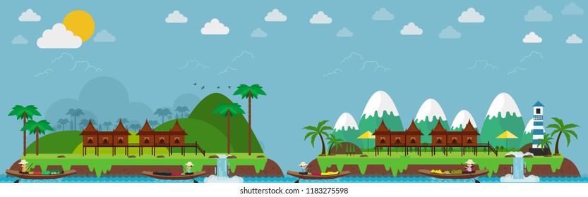 Mountain landscape and traditional house, flat design