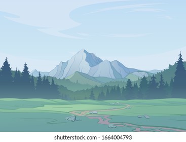 Mountain landscape, trail, going through meadow and forest against the background of rocky mountain, created by imagination in the format of vector graphics.