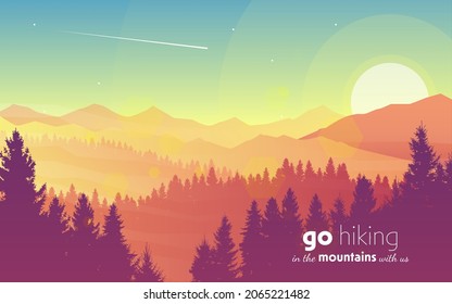 Mountain landscape. Travel flyer,  background, booklet. Adventure, hiking, camping, vacation. Abstract landscape, Banner with polygonal landscape illustration, Minimalist style, Flat design