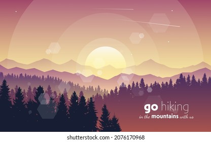 Mountain landscape. Travel flyers,  backgrounds, booklets. Adventure, hiking, camping, vacation. Abstract vector landscape, Banner with polygonal landscape illustration. Minimalist style. Flat design