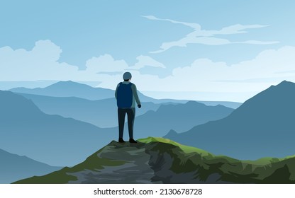 Mountain landscape with a traveler standing on hilltop 