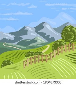 Mountain landscape with tree, fence, road, fields. Vector illustration.