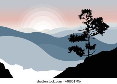 Mountain landscape with a tree in the foreground. Coniferous forest. Winter nature. Travel, outdoor activities, outdoor sports, vacation. Flat style. Vector illustration.