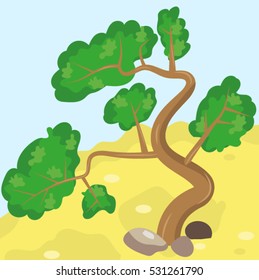 Mountain landscape with tree. Nature background.  Flat Vector