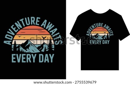 Mountain landscape with trees and birds under a retro sunset sky with text adventure awaits every day