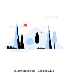 Mountain Landscape With Trees In Flat Vector Illustration Symbolizing Nature, Outdoor Scenery, And Tranquility, Isolated On White Background