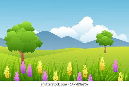 mountain landscape with trees and flowers in sunny day