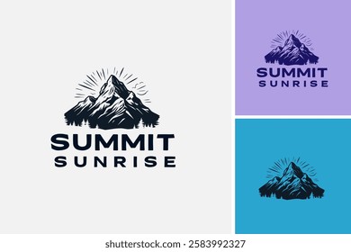 Mountain landscape with trees logo design. is perfect for travel blogs, inspirational quotes, naturethemed designs, and hiking advertisements. EPS layered vector