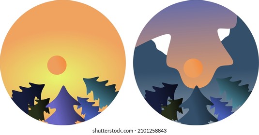 Mountain landscape. Trees and mountains look up. Two small round illustrations. The sky is at sunset or dawn.