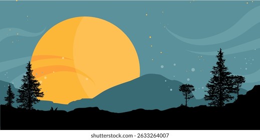 mountain landscape with trees at night with full moon – vector illustration