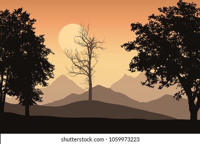 Mountain landscape with trees and one lone dead trees, the orange sky with the sun - Vector