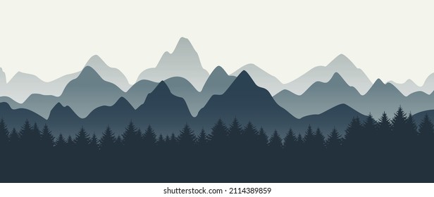 Mountain landscape with trees.  Outdoor and hiking concept. Seamless mountains background. Vector illustration.