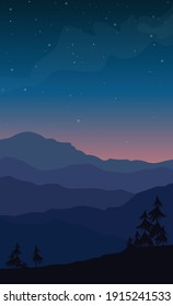 Mountain landscape with trees and starry sky. Vector flat illustration of mountains embodying tranquility and peace. Design for cards, posters, backgrounds, textiles.