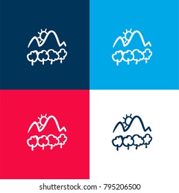 Mountain landscape with trees and sun four color material and minimal icon logo set in red and blue