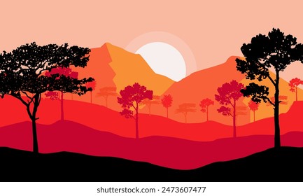 mountain landscape with trees and sunset