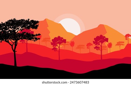 mountain landscape with trees and sunset