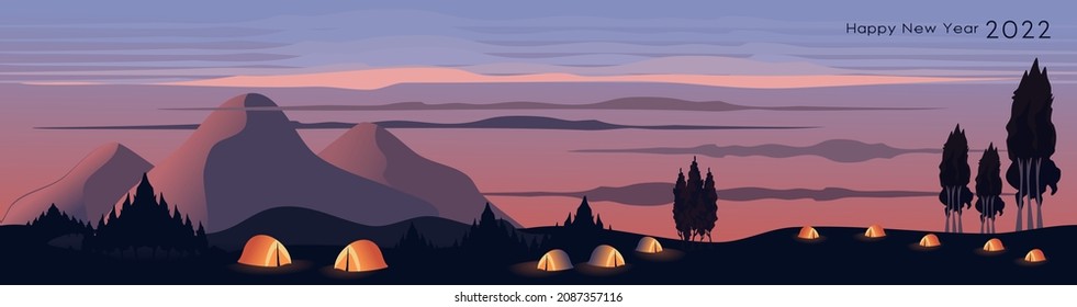 Mountain landscape and trees and sunset sky and shining tent. Camping atmosphere on new year's eve 2022. Vector