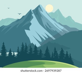 Paisaje de montaña con árboles Ilustración vectorial