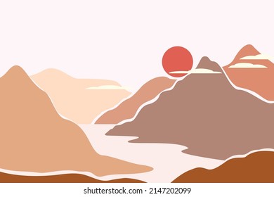 Mountain landscape in trendy paper cut style  Abstract flat design  River  sun   mountains  Background scandinavian for banner  postcard  poster  advertisement in trendy coral pink color 