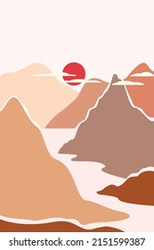 Mountain landscape in trendy paper cut style. Abstract flat design. River, sun and mountains. Background scandinavian for banner, postcard, poster, advertisement in trendy coral pink color.