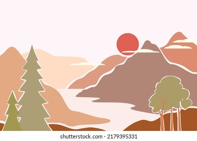 Mountain landscape in trendy paper cut style. Abstract flat design. River, sun and mountains. Background scandinavian for banner, postcard, poster, advertisement in trendy coral pink color.