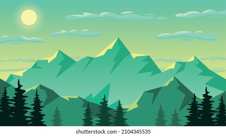 Mountain landscape. Turquoise sunset. Pine forest silhouettes on the foreground. Rocks.